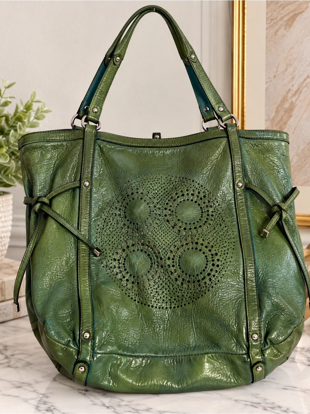 Coach Green Perforated Leather Shoulder Tote